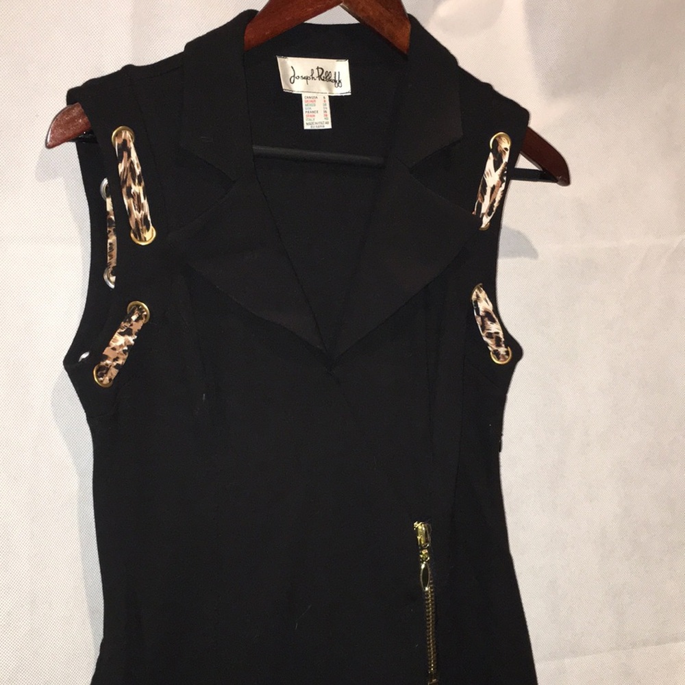 Joseph Ribkoff Black Sleeveless V-Neck Dress Leopard Print Accent | Size 6